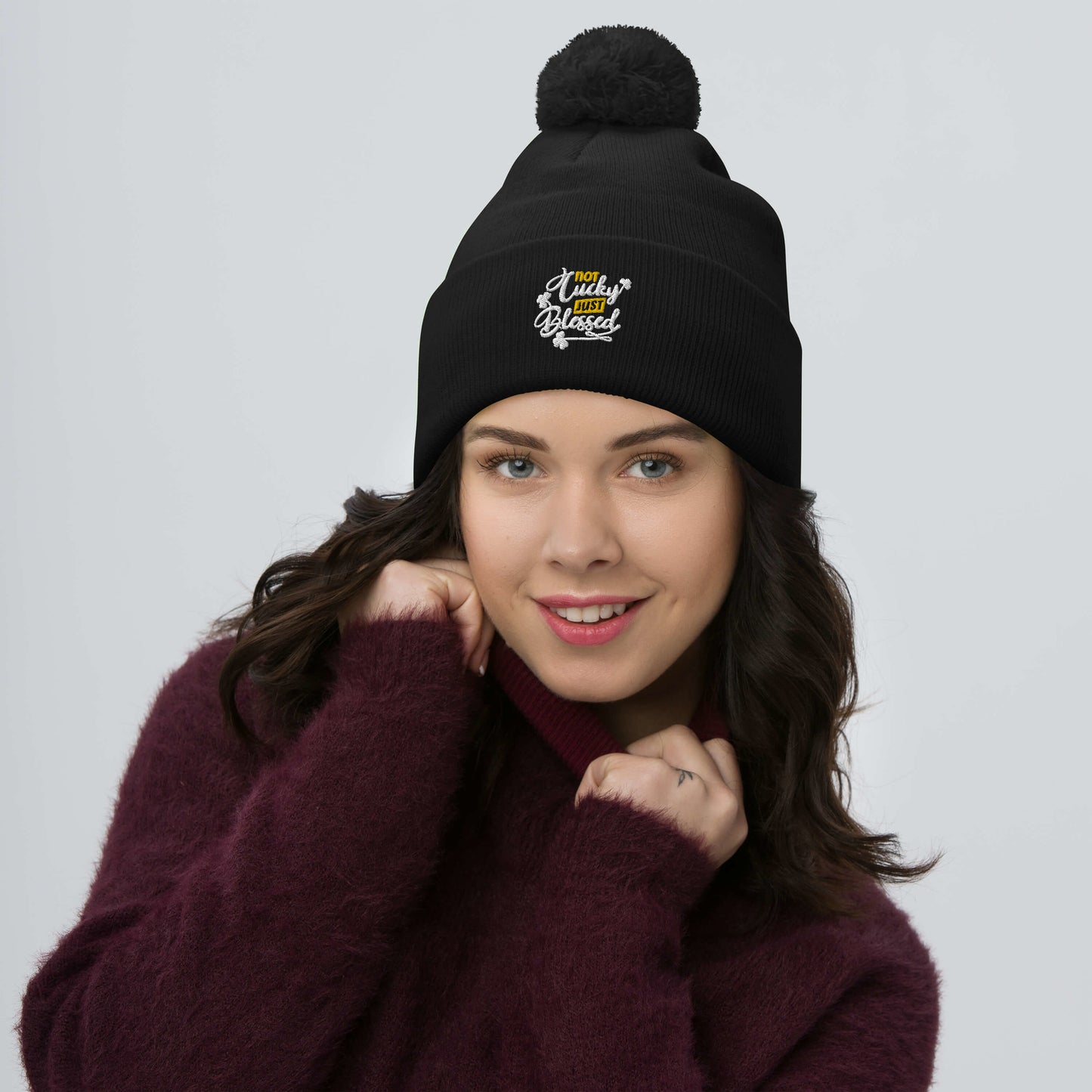 Not Lucky Just Blessed Pom-Pom Beanie