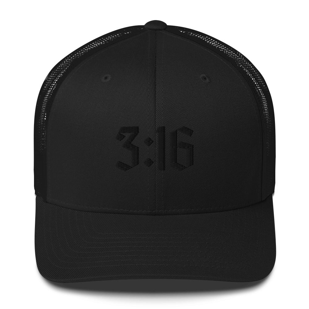 Black on Black 3:16 Trucker Cap