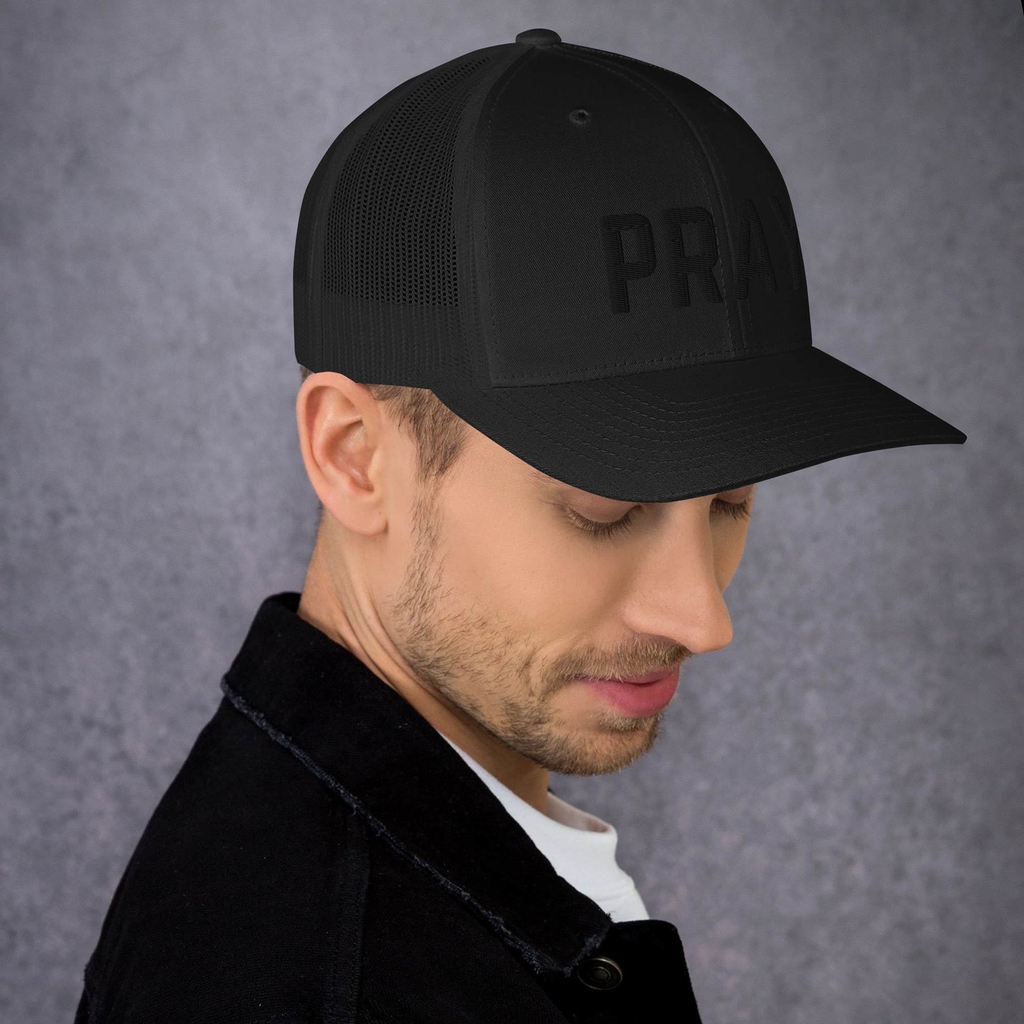 Black on Black Pray Trucker Cap
