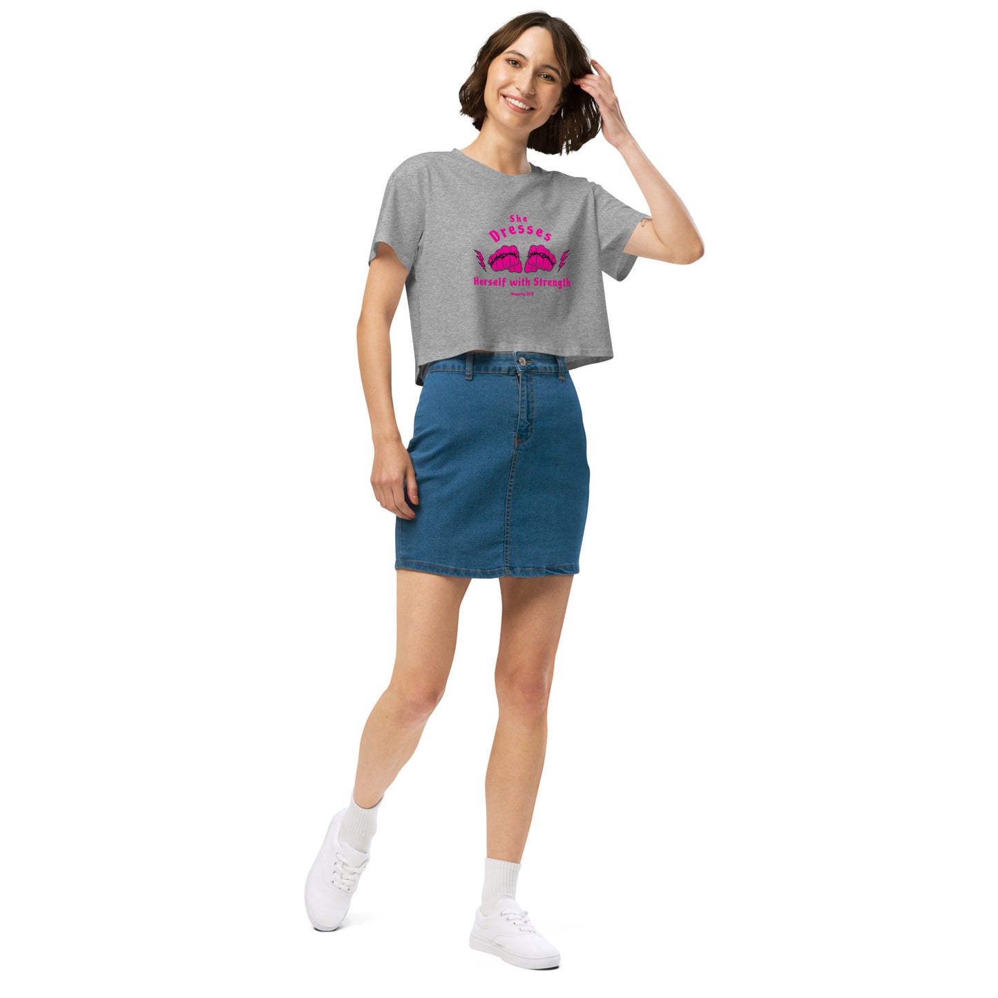 She Dresses Herself with Strength Women’s crop top